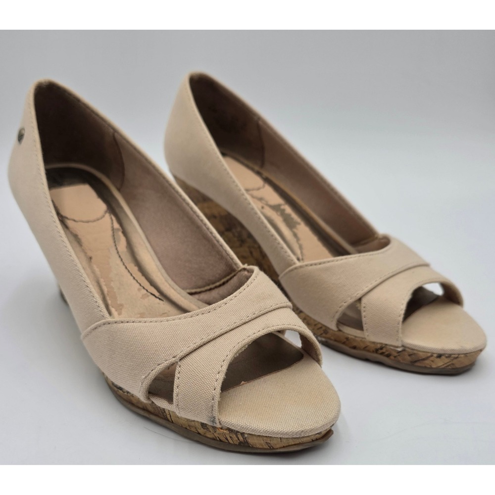 LifeStride Rogue Women's 8.5M Beige Canvas Peep Toe Cork Wedge Sandals